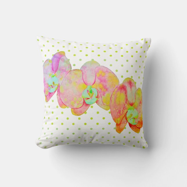 Caribbean orchids, tropical watercolor flowers throw pillow (Front)