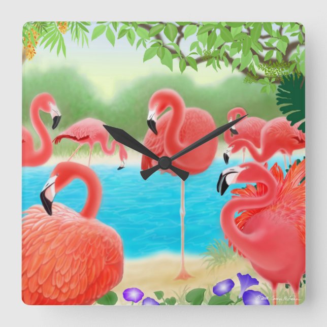 Caribbean Pink Flamingo Birds Wall Clock (Front)