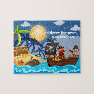 Caribbean pirates, treasure island and full Moon, Jigsaw Puzzle