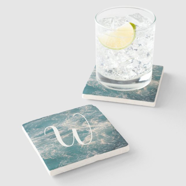 Caribbean Sea Blue White Waves Seascape Monogram Stone Coaster (Side)