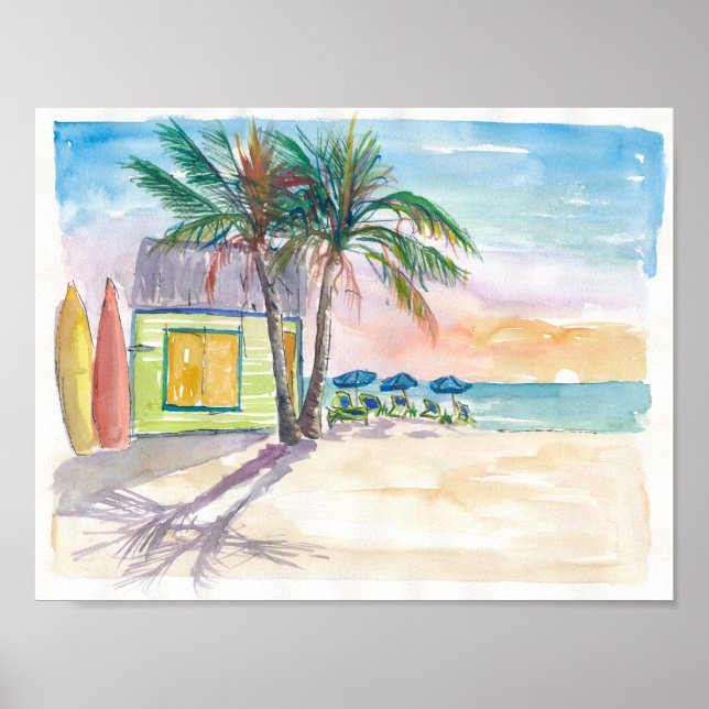 Caribbean Surf Beach Bar Boards and Sunset Poster (Front)