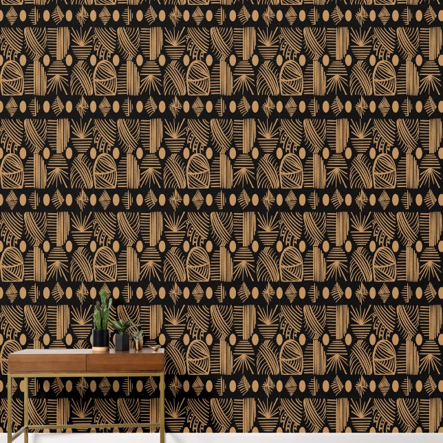 Caribbean Tribal Mudcloth: Black and Gold Wallpaper (Hallway)