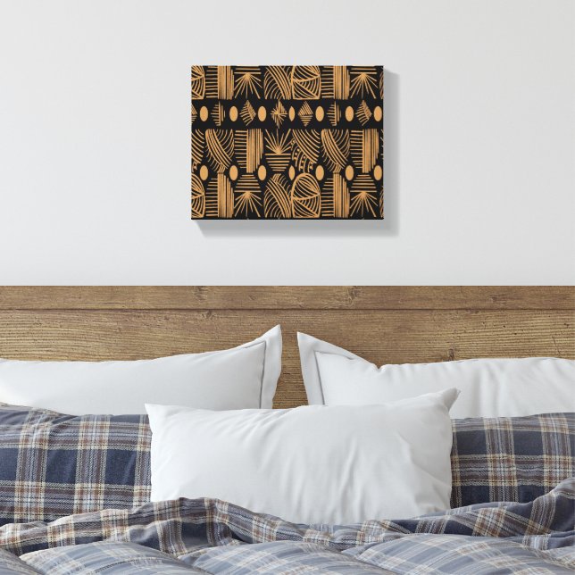 Caribbean Tribal Mudcloth: Black, Gold Canvas Print (Insitu(Bedroom))