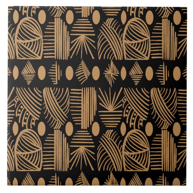 Caribbean Tribal Mudcloth: Black, Gold Ceramic Tile (Front)