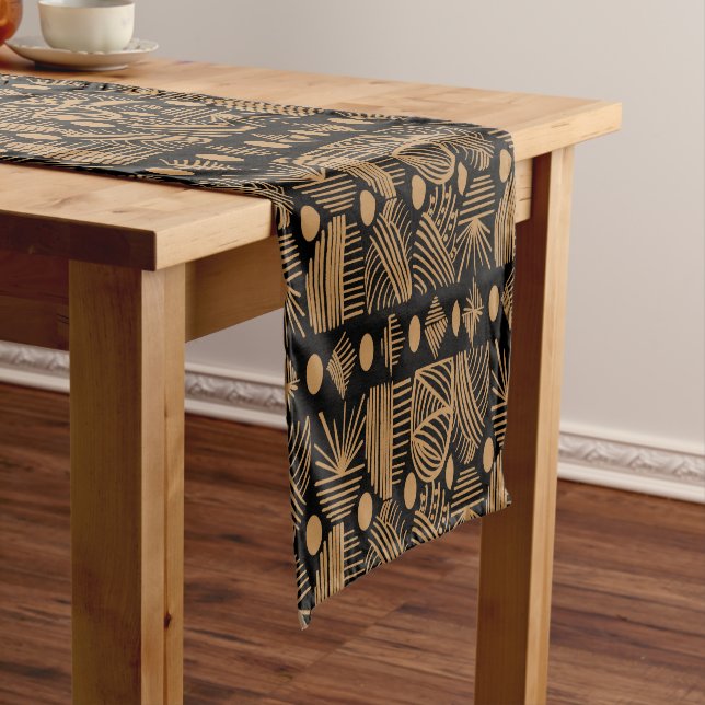 Caribbean Tribal Mudcloth: Black, Gold Long Table Runner (In Situ)