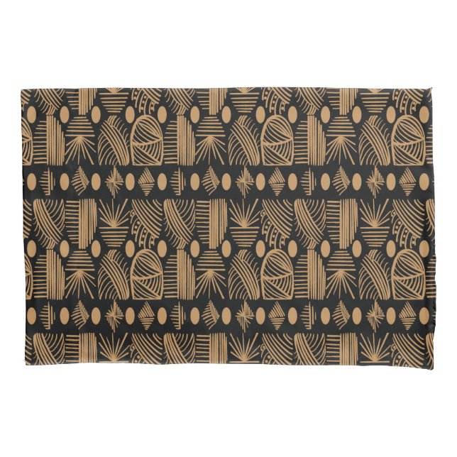 Caribbean Tribal Mudcloth: Black, Gold Pillow Case (Front)