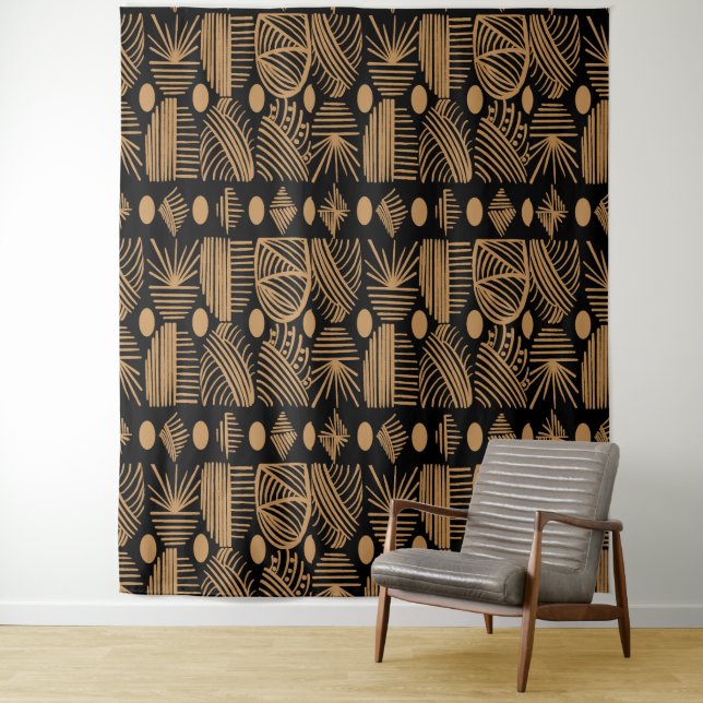 Caribbean Tribal Mudcloth: Black, Gold Tapestry (In Situ)