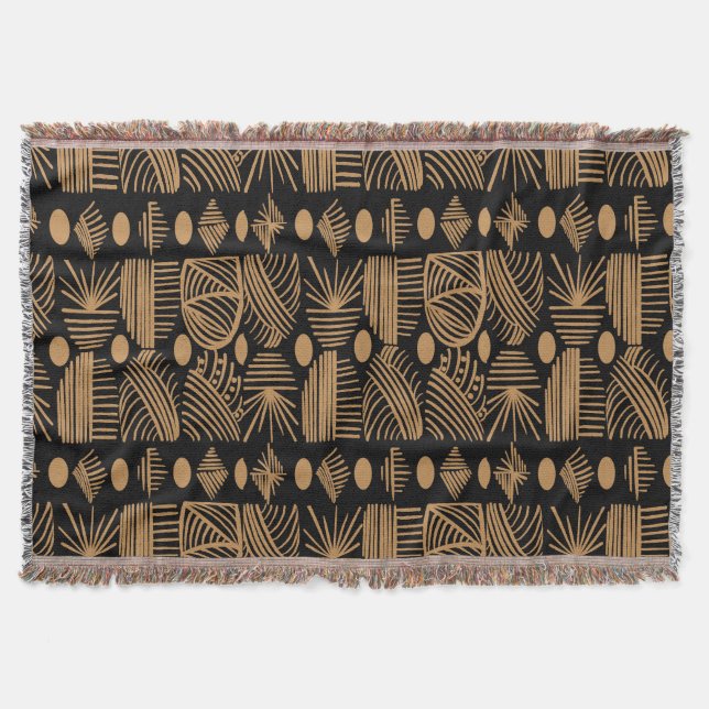 Caribbean Tribal Mudcloth: Black, Gold Throw Blanket (Front)