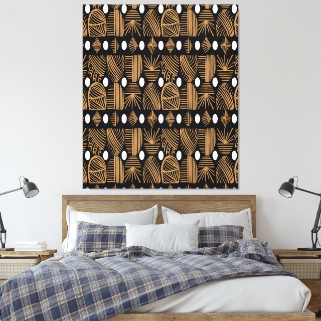 Caribbean Tribal Mudcloth: Black, White, Gold Canvas Print (Insitu(Bedroom))