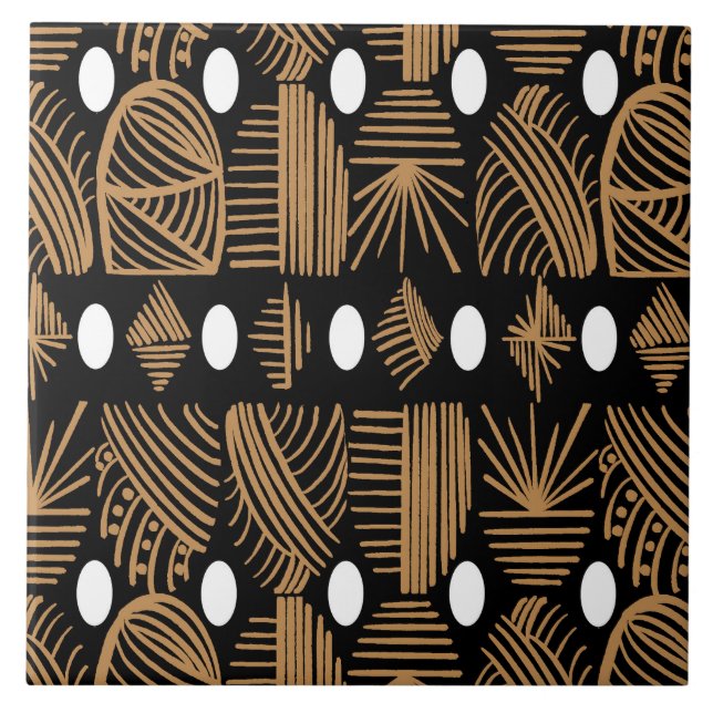 Caribbean Tribal Mudcloth: Black, White, Gold Ceramic Tile (Front)