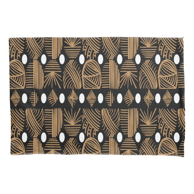 Caribbean Tribal Mudcloth: Black, White, Gold Pillow Case (Front)