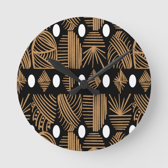 Caribbean Tribal Mudcloth: Black, White, Gold Round Clock (Front)
