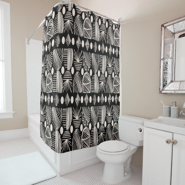 Caribbean Tribal Mudcloth: Black, White, Shower Curtain (In Situ)