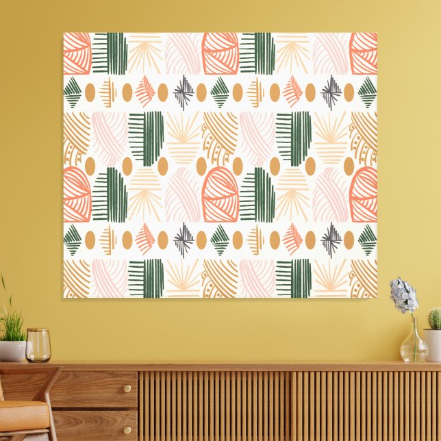 Caribbean Tribal Mudcloth: Boho Dark Green, Pink Canvas Print (Insitu(LivingRoom))