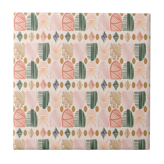 Caribbean Tribal Mudcloth: Boho Dark Green, Pink Ceramic Tile (Front)