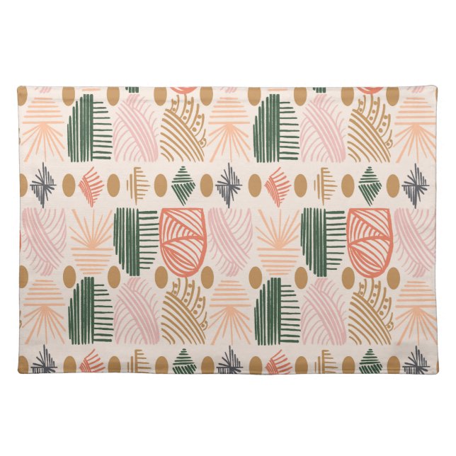 Caribbean Tribal Mudcloth: Boho Dark Green, Pink Cloth Placemat (Front)