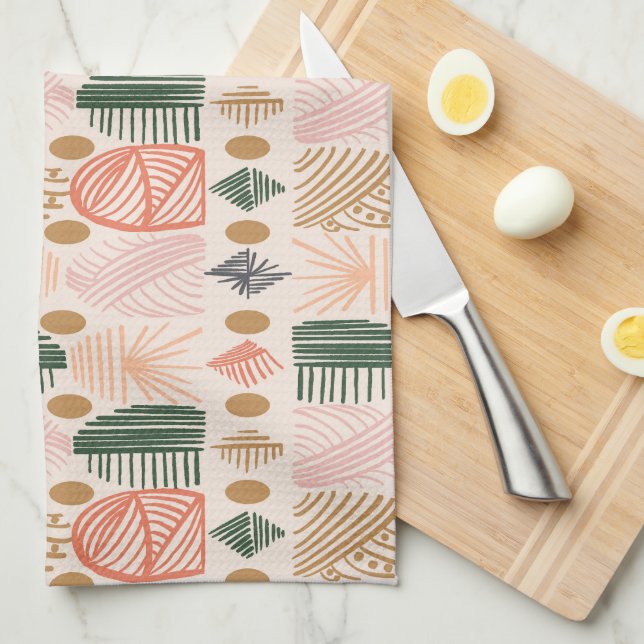 Caribbean Tribal Mudcloth: Boho Dark Green, Pink Kitchen Towel (Quarter Fold)