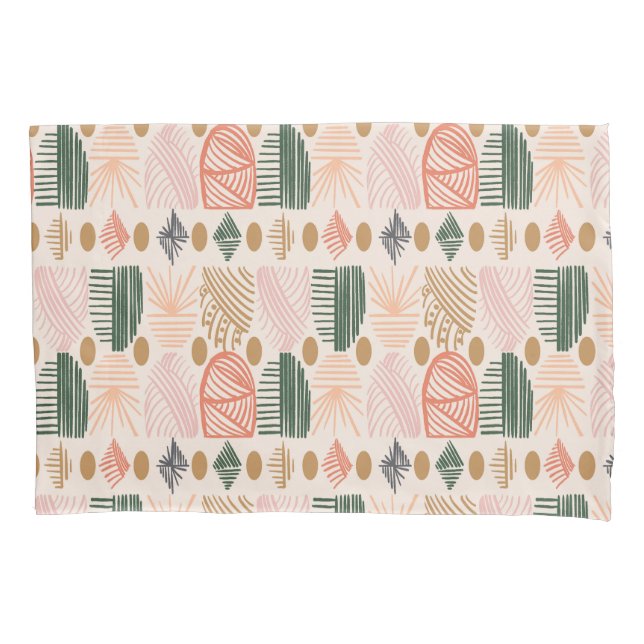 Caribbean Tribal Mudcloth: Boho Dark Green, Pink Pillow Case (Front)