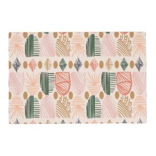 Caribbean Tribal Mudcloth: Boho Dark Green, Pink Placemat