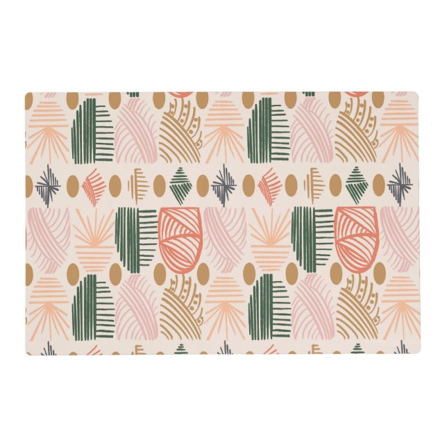 Caribbean Tribal Mudcloth: Boho Dark Green, Pink Placemat (Front)