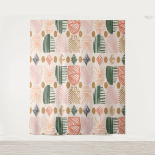 Caribbean Tribal Mudcloth: Boho Dark Green, Pink Tapestry