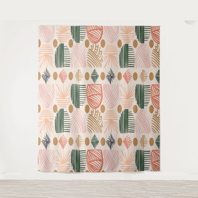 Caribbean Tribal Mudcloth: Boho Dark Green, Pink Tapestry (Front)