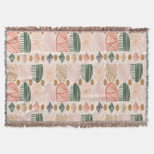 Caribbean Tribal Mudcloth: Boho Dark Green, Pink Throw Blanket (Front)