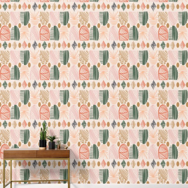 Caribbean Tribal Mudcloth: Boho Dark Green, Pink  Wallpaper (Hallway)