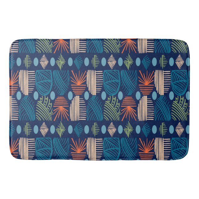 Caribbean Tribal Mudcloth: Festive Blue, Orange Bath Mat (Front)