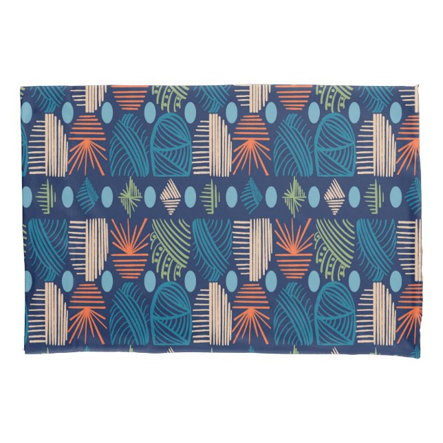 Caribbean Tribal Mudcloth: Festive Blue, Orange Pillow Case (Front)