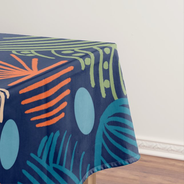 Caribbean Tribal Mudcloth: Festive Blue, Orange Tablecloth (In Situ)