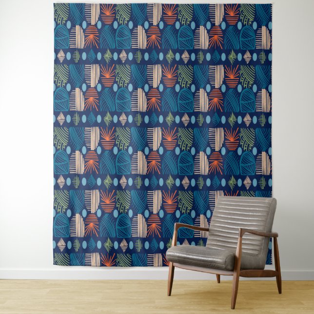 Caribbean Tribal Mudcloth: Festive Blue, Orange Tapestry (In Situ)
