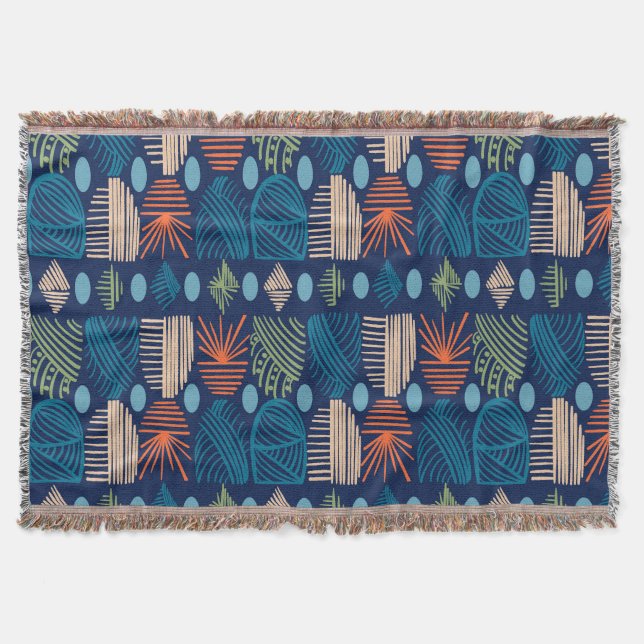 Caribbean Tribal Mudcloth: Festive Blue, Orange Throw Blanket (Front)