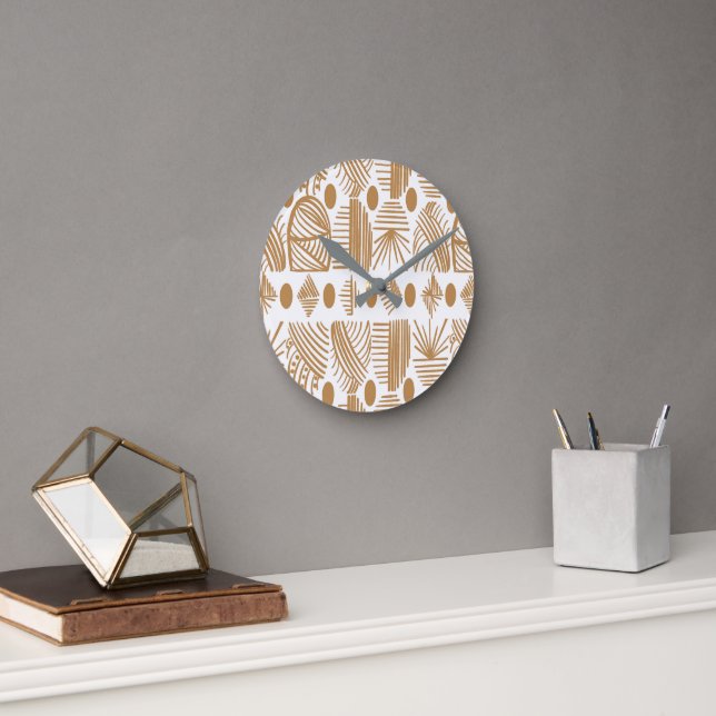 Caribbean Tribal Mudcloth: White, Gold Round Clock (Office)