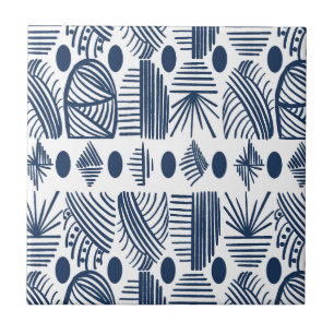 Caribbean Tribal Mudcloth: White, Navy Blue Ceramic Tile
