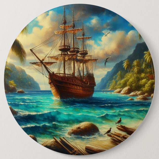Caribbean/tropical beach ship art button (Front)