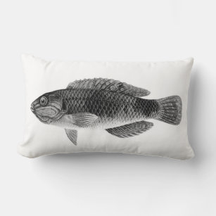 Caribbean Tropical Reef Fish, Black, White & Gray Lumbar Pillow