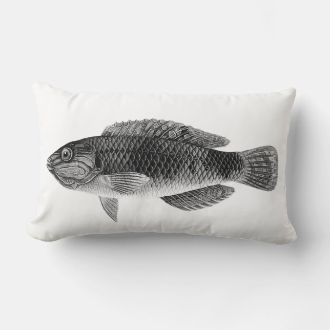 Caribbean Tropical Reef Fish, Black, White & Gray Lumbar Pillow (Front)