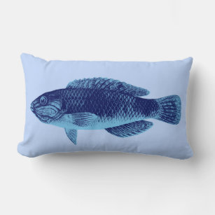 Caribbean Tropical Reef Fish, Navy on Light Blue Lumbar Pillow