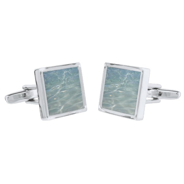 Caribbean Water Abstract Blue Nature Silver Cufflinks (Angled)