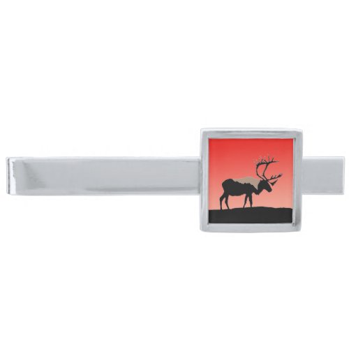 Caribou at Sunset  _ Original Wildlife Art Silver Finish Tie Bar