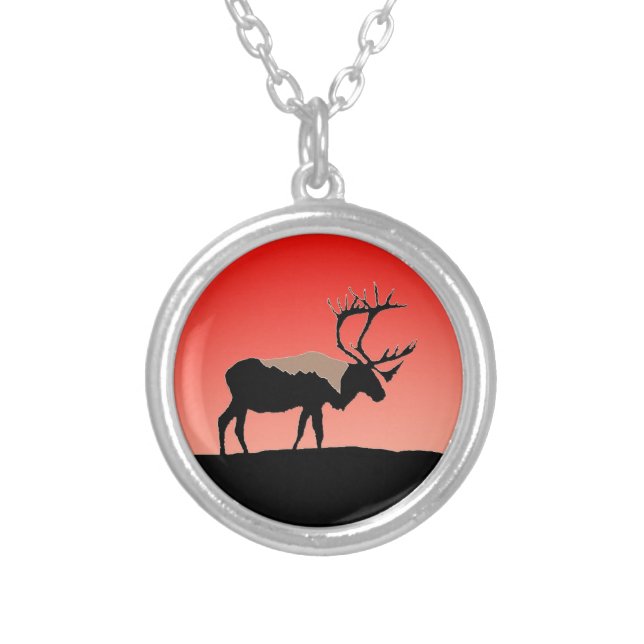 Caribou at Sunset  - Original Wildlife Art Silver Plated Necklace (Front)