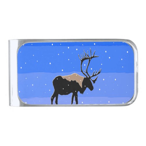 Caribou in Winter  _ Original Wildlife Art Silver Finish Money Clip