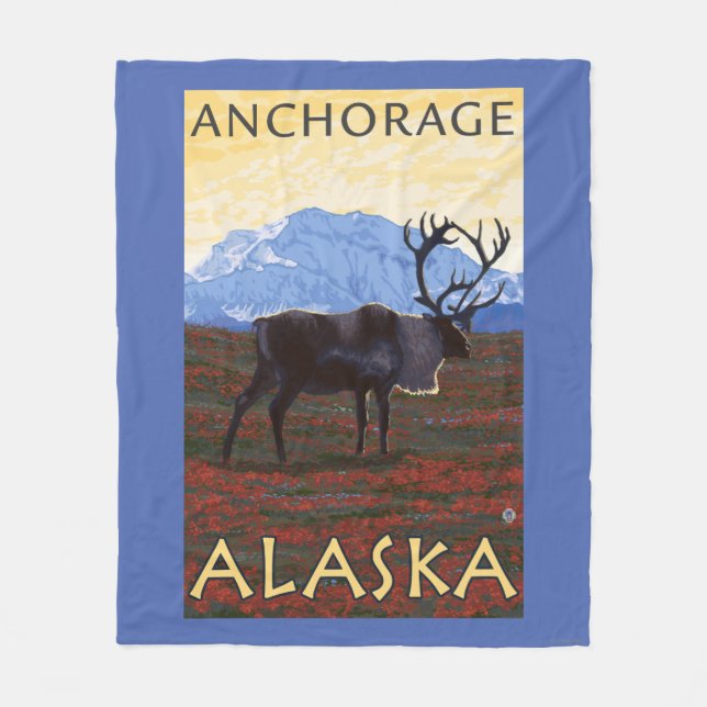 Caribou Scene - Anchorage, Alaska Fleece Blanket (Front)
