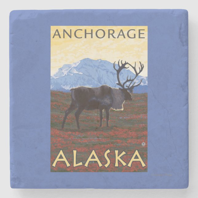 Caribou Scene - Anchorage, Alaska Stone Coaster (Front)