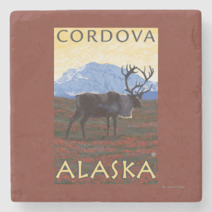 Caribou Scene - Cordova, Alaska Stone Coaster