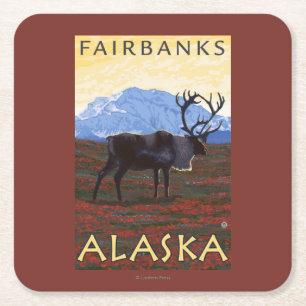 Caribou Scene - Fairbanks, Alaska Square Paper Coaster