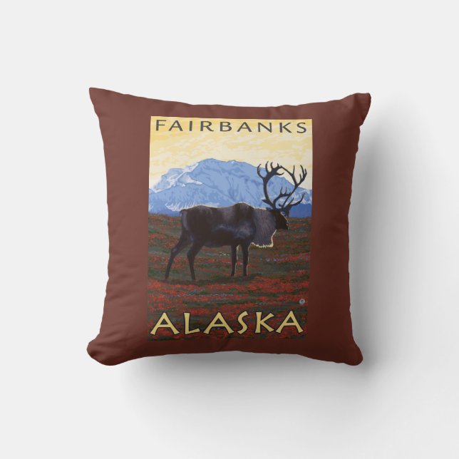 Caribou Scene - Fairbanks, Alaska Throw Pillow (Front)