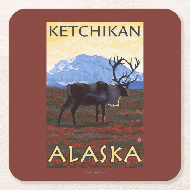 Caribou Scene - Ketchikan, Alaska Square Paper Coaster (Front)