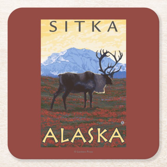 Caribou Scene - Sitka, Alaska Square Paper Coaster (Front)